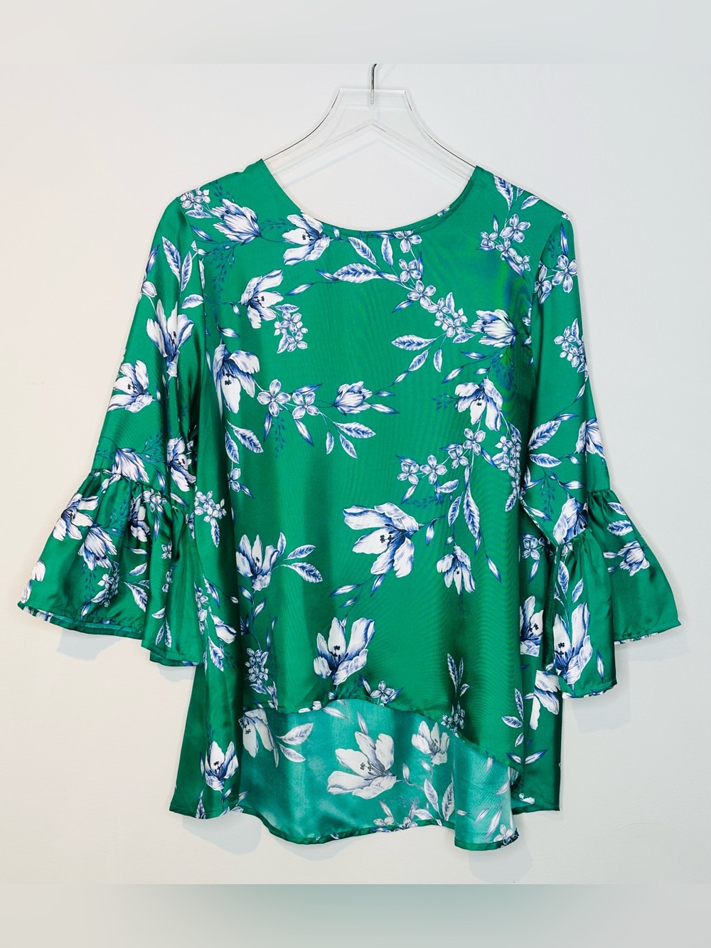 Laroque Green Silk Floral Popover Ruffle Sleeve Blouse Shirt Top